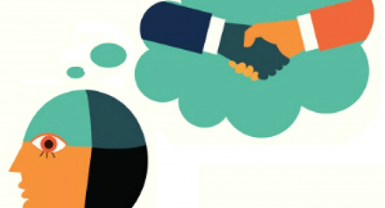 Cartoon van persoon met denkballonnetje van twee personen die handen schudden