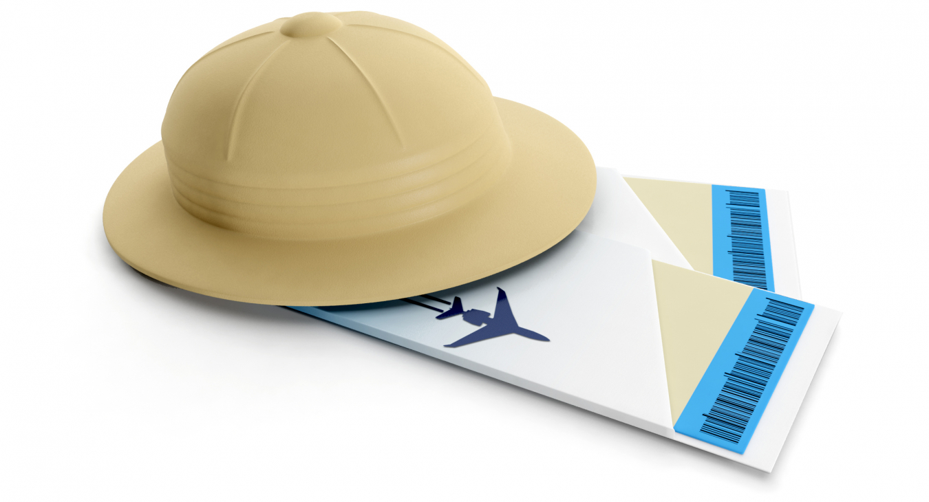 Safarihoedje met twee vliegtickets eronder